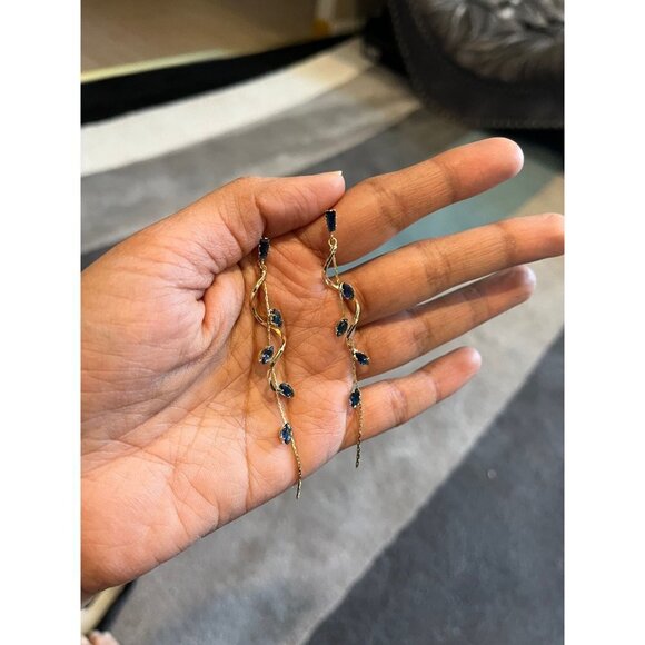 navy blue earrings gold chandelier, dark blue wedding crystal  blue earrings - Picture 5 of 8